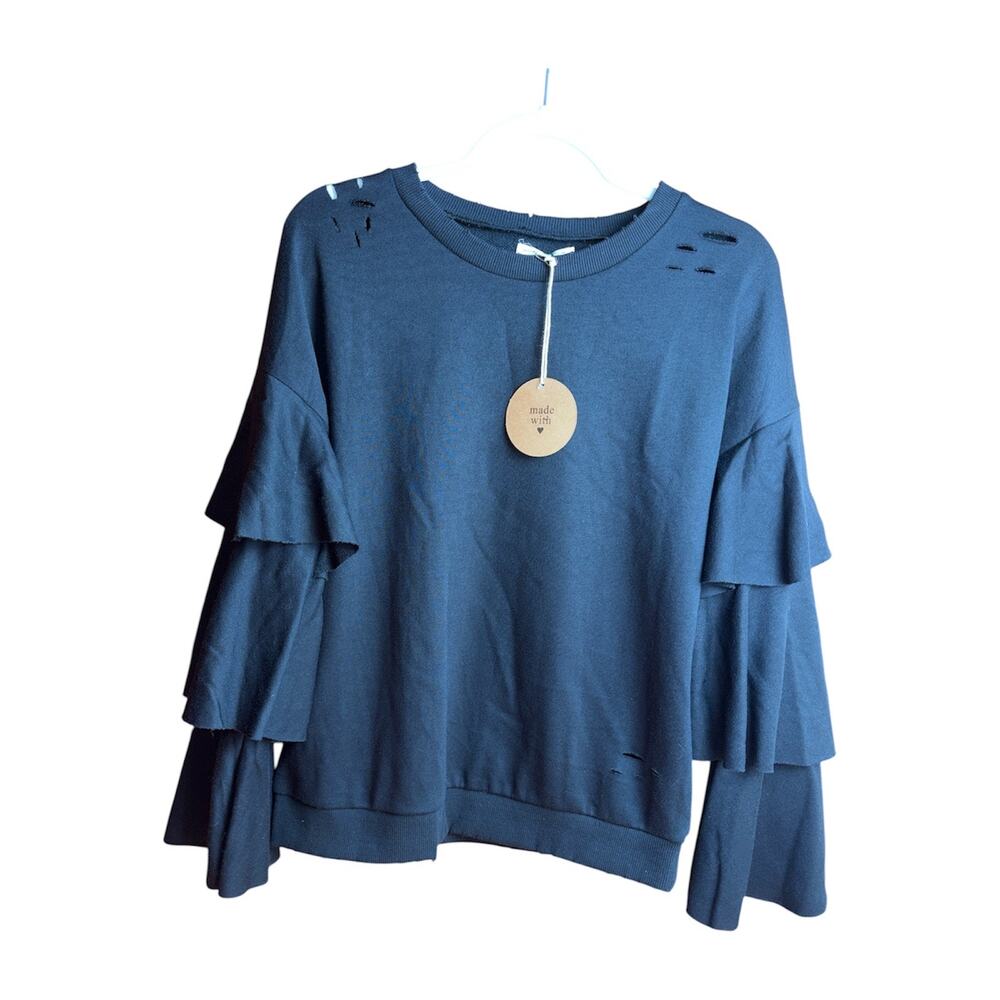 Honey Punch Distressed Black Ruffle Sleeve Top S NWT